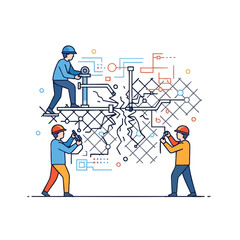 Workers in hard hats using tools and devices to repair a fractured grid.