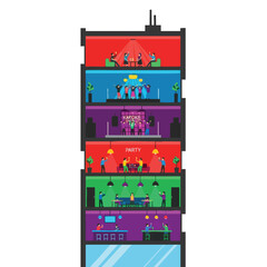 A multi-story building filled with people enjoying parties and karaoke.