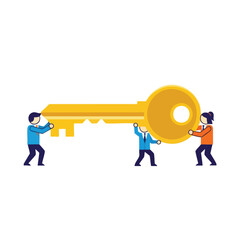 Three stylized people working together to hold a large golden key.