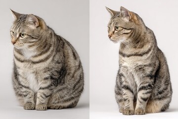Obraz premium Before and after weight loss transformation of tabby cat sitting on neutral background