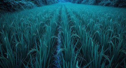 Lush green rice field under a calming blue sky