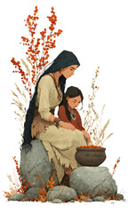 Stone Age Mother And Child, Sitting Together Outdoors, Gathering Red Berries, Primitive Family Life, Indigenous Bonding Moment, Traditional Clothing Stone, Rustic Nature Setting, Full Length Illustrat
