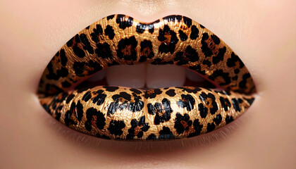 woman lips with animal print makeup, macro beauty photo