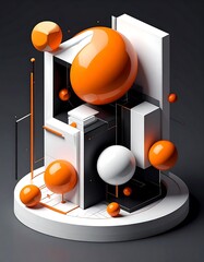 Abstract geometric composition with vibrant orange and white spheres and structures. 3D render, modern design