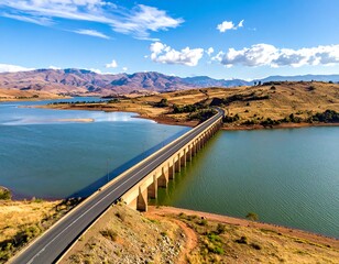 Aerial view of a long bridge spanning a vast lake with mountain background