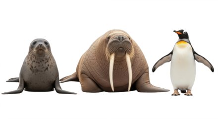 Set of Three Arctic Animals – Seal, Walrus, and Penguin Isolated on White Background – Wildlife Collection Featuring Marine Mammals and Antarctic Bird Species in High Detail for Nature and Education