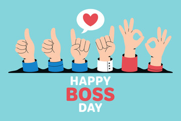 Vector art of happy boss day with hands showing different gestures on blue background