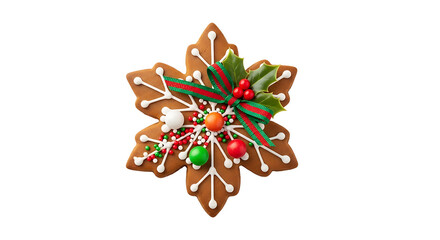 Snowflake gingerbread cookie with holly and ribbon