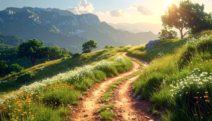 Mountain path at sunset. Lush meadow, sunlit dirt road