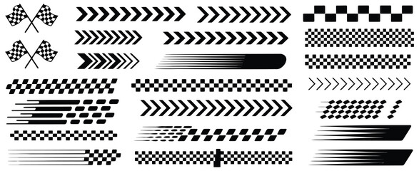 Race Car Stripes and Racing Cars Vector Set – Checkered Flag, Finish Line, Dynamic Lines, Motocross Labels, Motorsport Themes, Speed Stripes, and Competition Design Elements © Raxzen