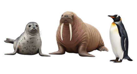 Set of Three Arctic Animals – Seal, Walrus, and Penguin Isolated on White Background – Wildlife Collection Featuring Marine Mammals and Antarctic Bird Species in High Detail for Nature and Education