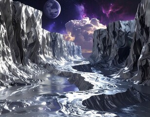 Surreal, alien landscape featuring metallic rock formations and a reflective river under a vibrant cosmic sky with planets