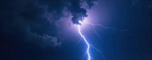 Fototapeta premium Dramatic Lightning Bolt Striking Dark Stormy Sky, Intense Flash Illuminates Clouds, Electrifying Energy, Powerful Nature Photography
