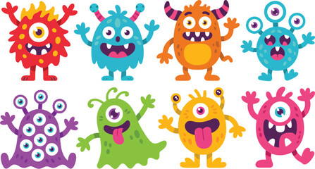 Obraz premium Collection of eight colorful cartoon monsters with funny faces and different eyes