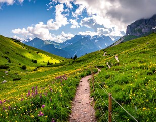 Mountain path through vibrant wildflowers