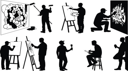 Art creation icon set, silhouette artists painting graffiti, sketching, mural work, canvas drawing, black and white illustration, creative activity grid © Sagar Creative