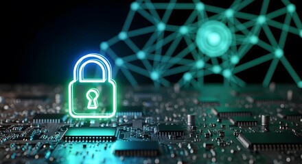 Cybersecurity protection concept padlock and digital network over a circuit board