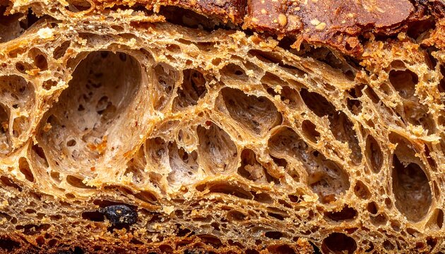 Close-up of a crusty loaf's interior revealing airy textures
