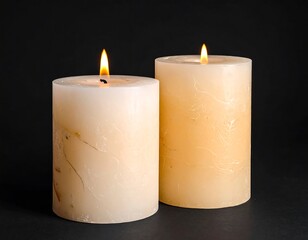Two cylindrical candles, lit with flames, of varying heights, against a dark background, creating a warm, inviting ambiance