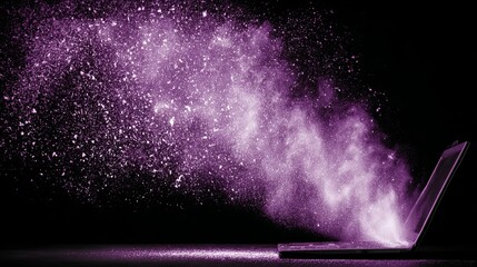 Open laptop emitting vibrant purple light with small luminous dots, creating abstract technological glow representing digital data flow and cyber connectivity in futuristic computing concept