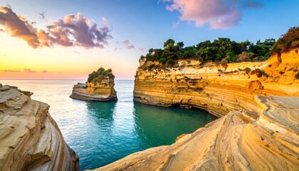 Coastal rock formations bask in the golden light of a setting sun
