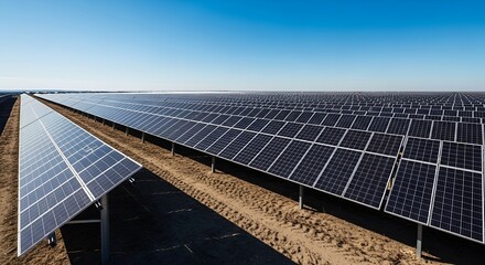 Vast solar panel array glistening under bright blue sky, powering clean renewable energy solutions