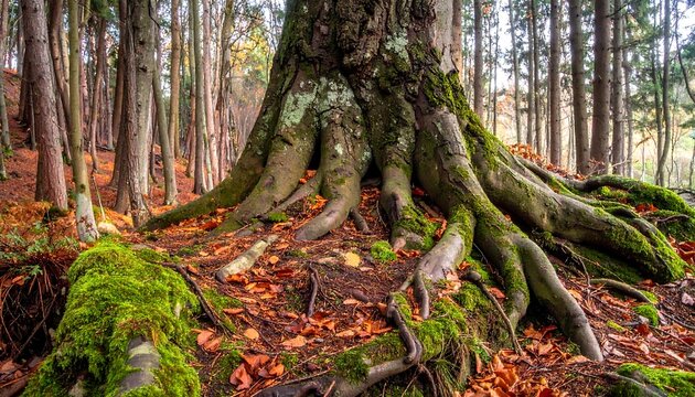 Close-up of a large tree with exposed roots in a vibrant autumn forest