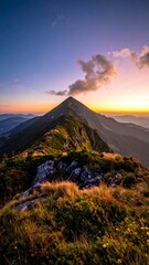 Mountain peak at sunrise, vibrant colors, lush vegetation
