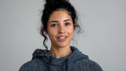 Happy young Latin woman yoga coach smiling in a studio during a wellness session focused on mindfulness and positive energy with a neutral background