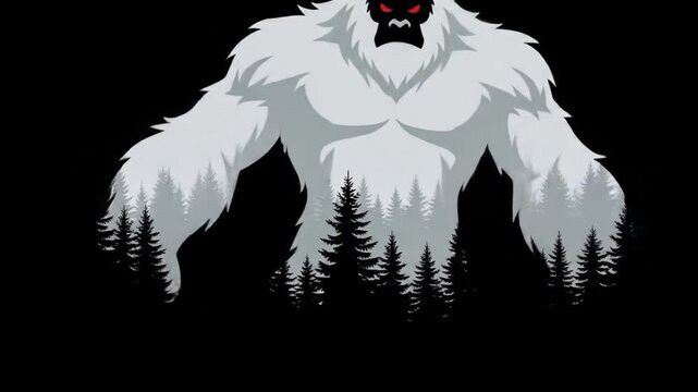 Illustrated yeti creature with forest silhouette against black background