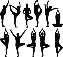 Yoga silhouettes, meditation poses, fitness exercise, stretching balance, healthy lifestyle, wellness practice, body flexibility, spiritual training, workout illustration, mindfulness art