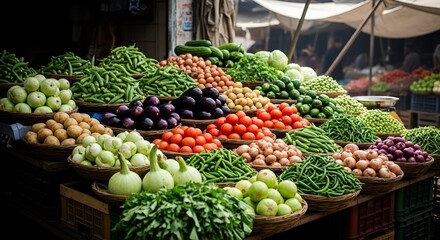 Vibrant fresh produce market display with tomatoes, beans, eggplant and potatoes for healthy eating
