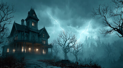Obraz premium Haunted Victorian Mansion in Thunderstorm – Dark Halloween Scene