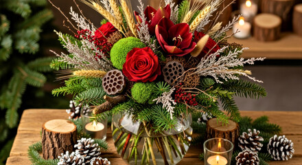 Festive Floral Arrangement with Red Roses, Pinecones, and Candles for a Cozy Holiday Ambiance. Christmas floral arrangement combining eco-chic style with rich textures