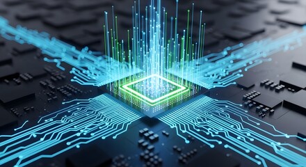 Futuristic Microchip Data Flow & Cybernetic Connectivity in High-Tech Design