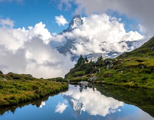 Mountain peak reflected in alpine lake