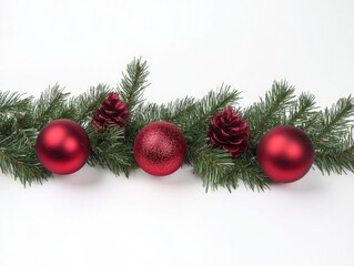 A festive Christmas arrangement featuring pine branches, cones, red berries, and shiny ornaments in gold and red tones on a white background.