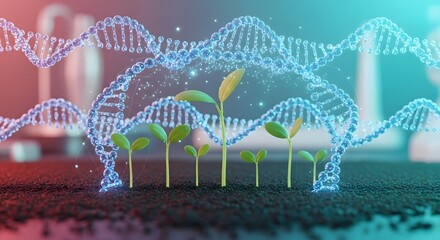 Small seedlings growing under a glowing blue double helix DNA structure. Genetic modification and agricultural innovation concept. Green plants being grown in scientifically enhanced soil