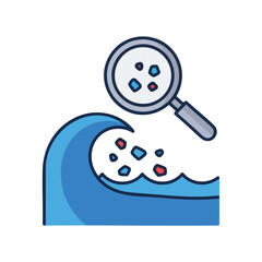 Obraz premium Magnifying glass examining debris in a stylized wave, symbolizing environmental analysis.