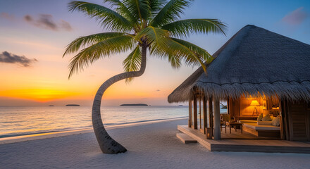 A unique curved palm tree stands beside a cozy tropical beach hut.