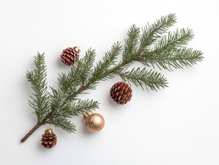 A festive Christmas arrangement featuring pine branches, cones, red berries, and shiny ornaments in gold and red tones on a white background.