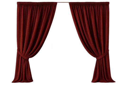 Red velvet curtain drapes opening on a transparent background, revealing a stage or event concept