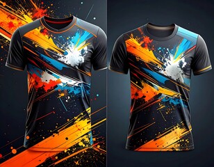 Two dark grey t-shirts with vibrant abstract designs featuring splashes of orange, blue, and white