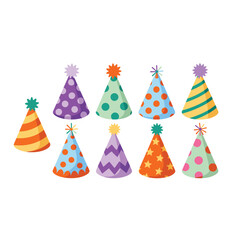 Vector art of collection of colorful party hats with patterns