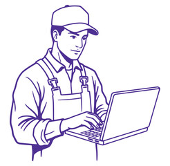 Technician in overalls working on a laptop computer with clean outlined illustration