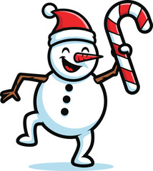 Cheerful cartoon snowman holding a candy cane, funny winter holiday character illustration full of Christmas joy and festive spirit