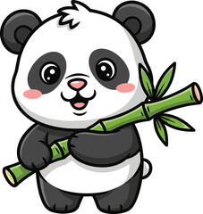 Adorable cartoon panda holding bamboo stick with cute smile, symbolizing peace and nature in Chinese wildlife and culture illustration