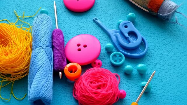 Colorful Craft Supplies - A Close-Up of Yarn, Buttons, and Tools.