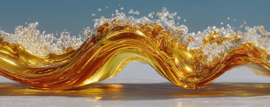 Golden liquid wave splashes across a white surface in a dynamic abstract motion