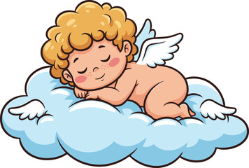 Cute sleeping baby angel on fluffy cloud, adorable cherub cartoon illustration for nursery decor, baby shower, and heavenly art designs